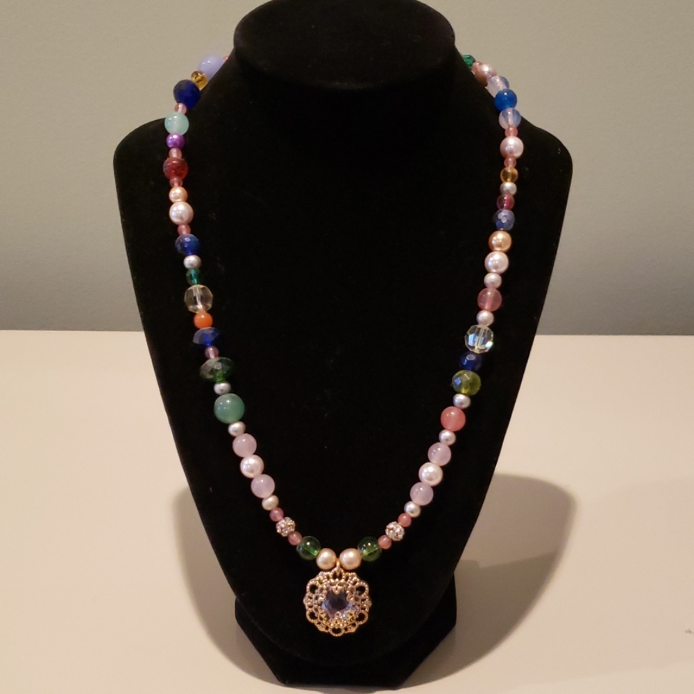 Multicolored bead necklace w/ jeweled pendant